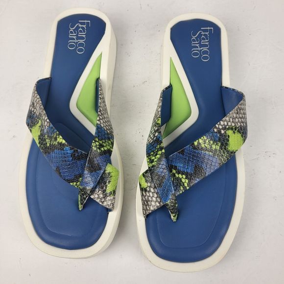 Franco Sarto Jonas Blue Green Snake Print Flip-Flop Sandals - Picture 3 of 16